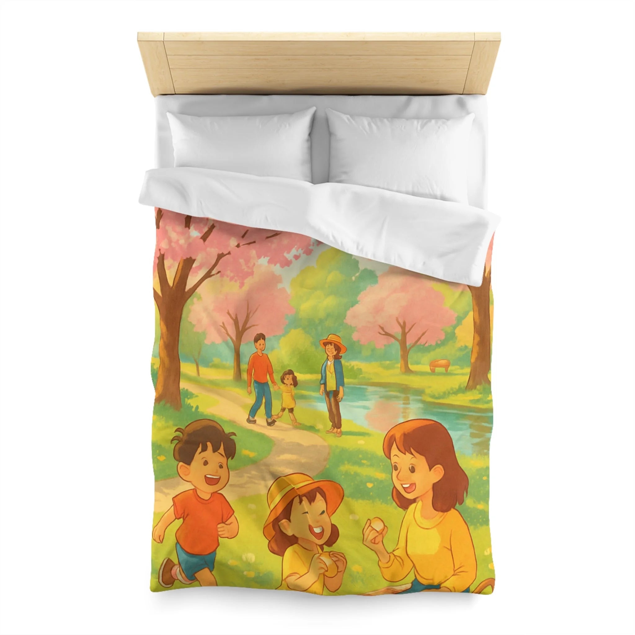 Housse de Couette Printanière avec Scène de Pique-nique Sous Cerisiers en Fleurs