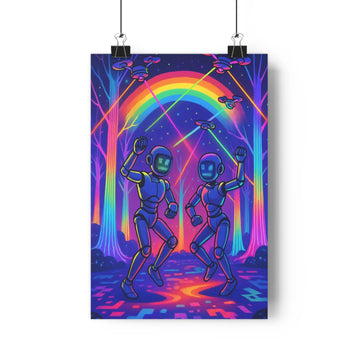 Poster danseurs joyeux foret fantaisie arbres multicolores arc en ciel contours nets couleurs vives ambiance festive style moderne chambre bureau