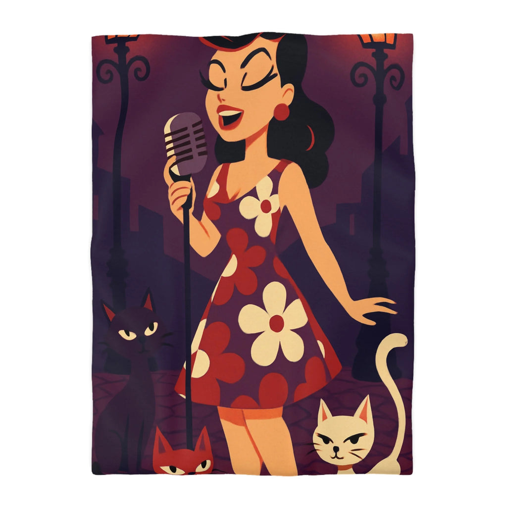 Housse de Couette Vintage avec Chanteuse Rétro et Chats sous Réverbères Nocturnes