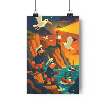 Poster marin cartoon personnages costumes navals falaise mouettes ciel bleu rose phare lumière nautique bateau horizon profondeur calme paisible chambre