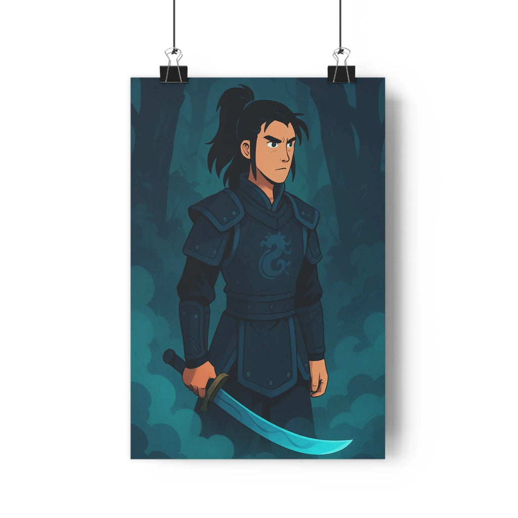 Poster décoratif guerrier épée sombre bleu noir mystique forêt chambre aventure créatif format 30x46