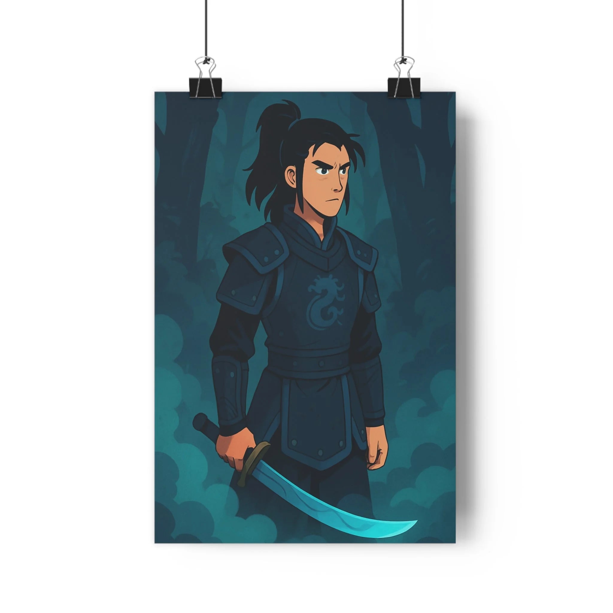 Poster décoratif guerrier épée sombre bleu noir mystique forêt chambre aventure créatif format 30x46