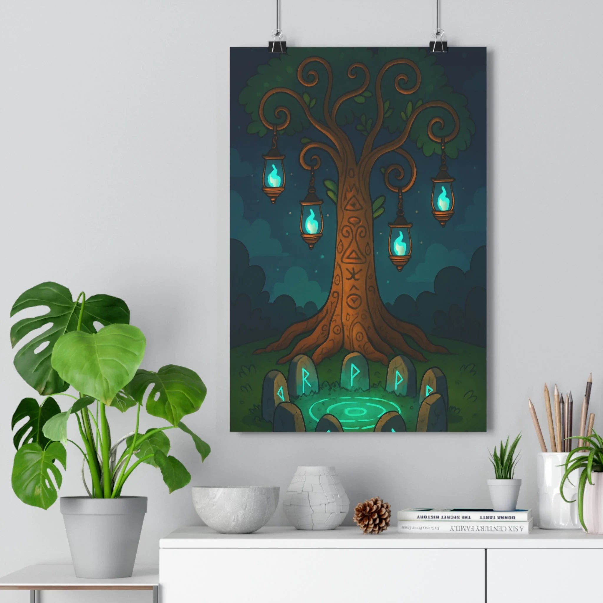 Poster décoratif arbre vie mystique bleu vert dessin animé salon apaisant magique unique élégant