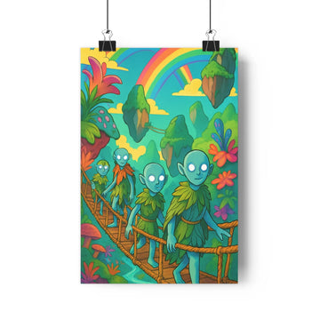 Poster fantastique cartoon personnages bleus pont bois forêt plantes exotiques fleurs arc en ciel montagnes flottantes contours nets expressions faciales