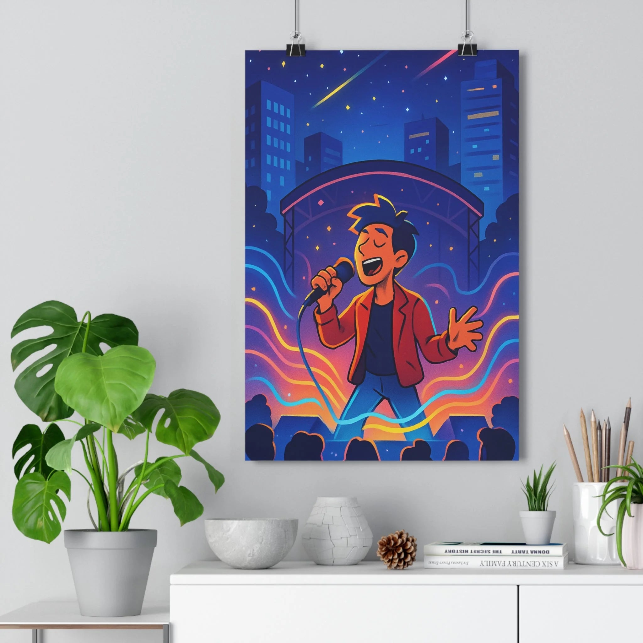 Poster décoratif moderne cartoon rouge lumineux dynamique urbain chanteur scène néon vibrant chambre salon
