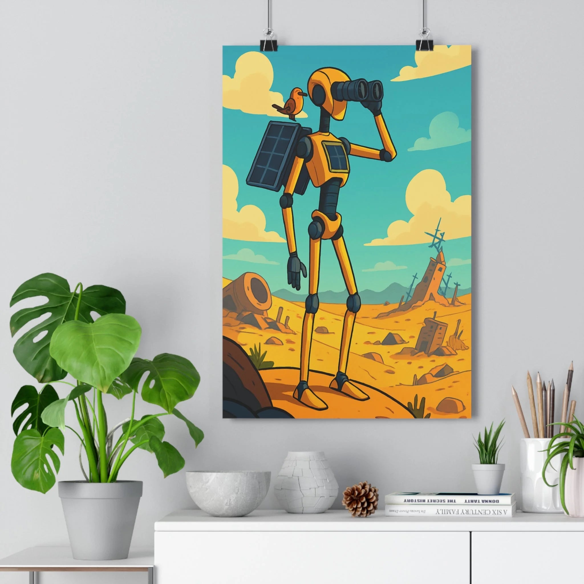 Poster décoratif robot aventure jaune orange désertique vintage chambre salon bureau lumineux tendance qualité