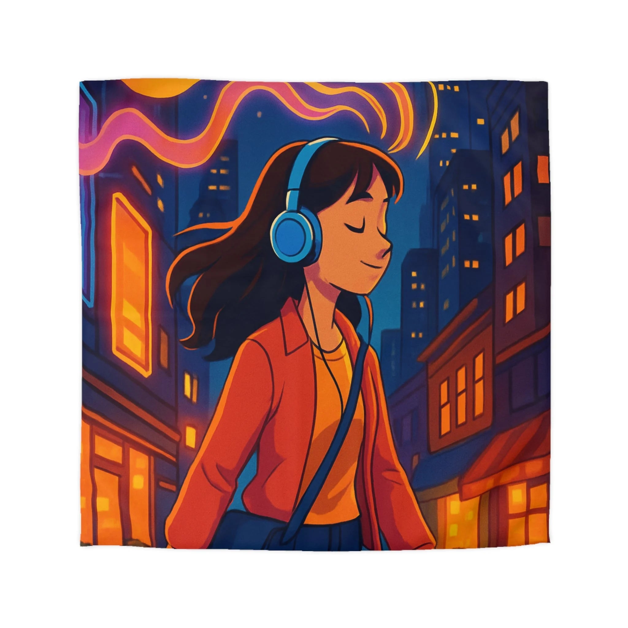 Housse de couette urbaine avec illustration vibrante de nuit et ambiance musicale