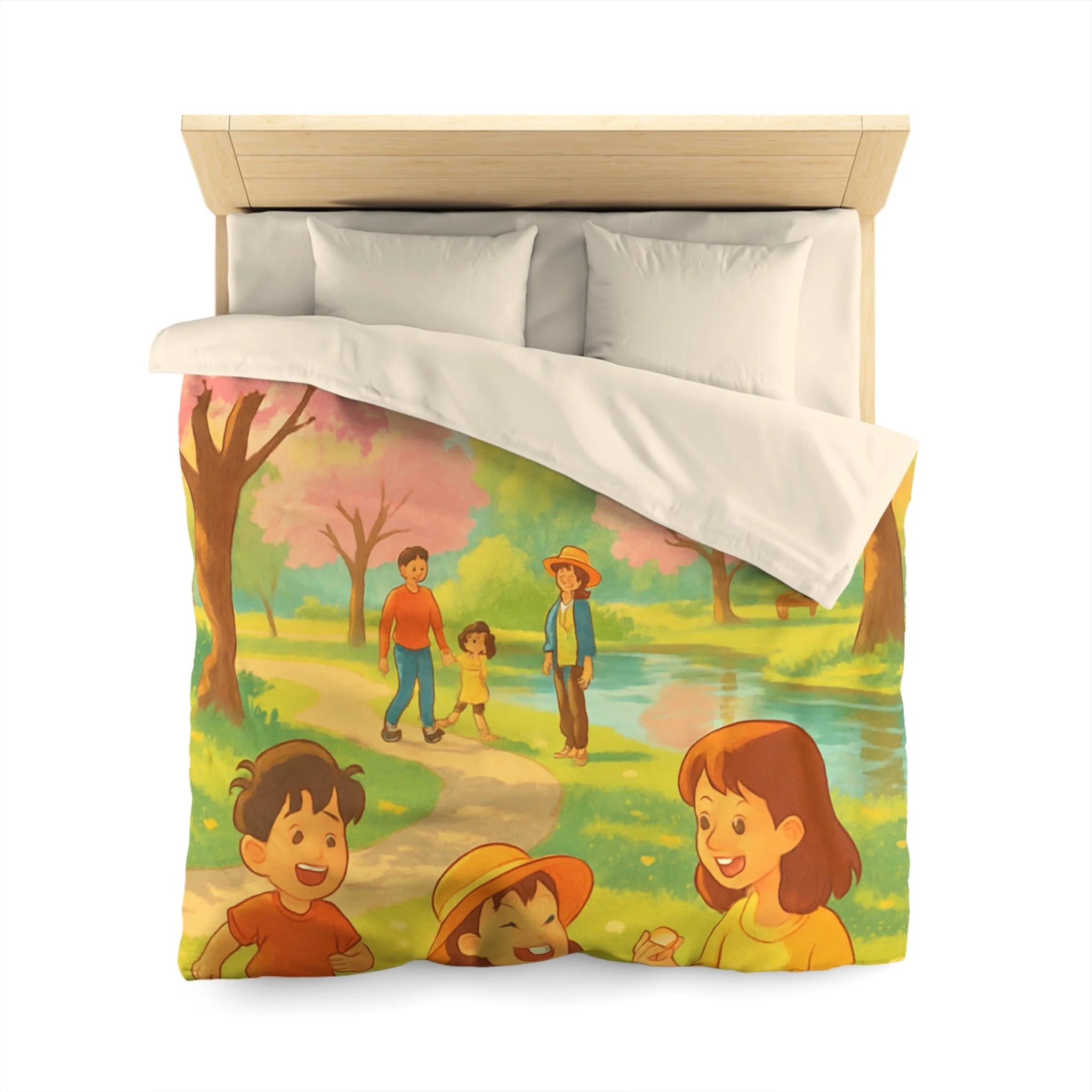 Housse de Couette Printanière avec Scène de Pique-nique Sous Cerisiers en Fleurs