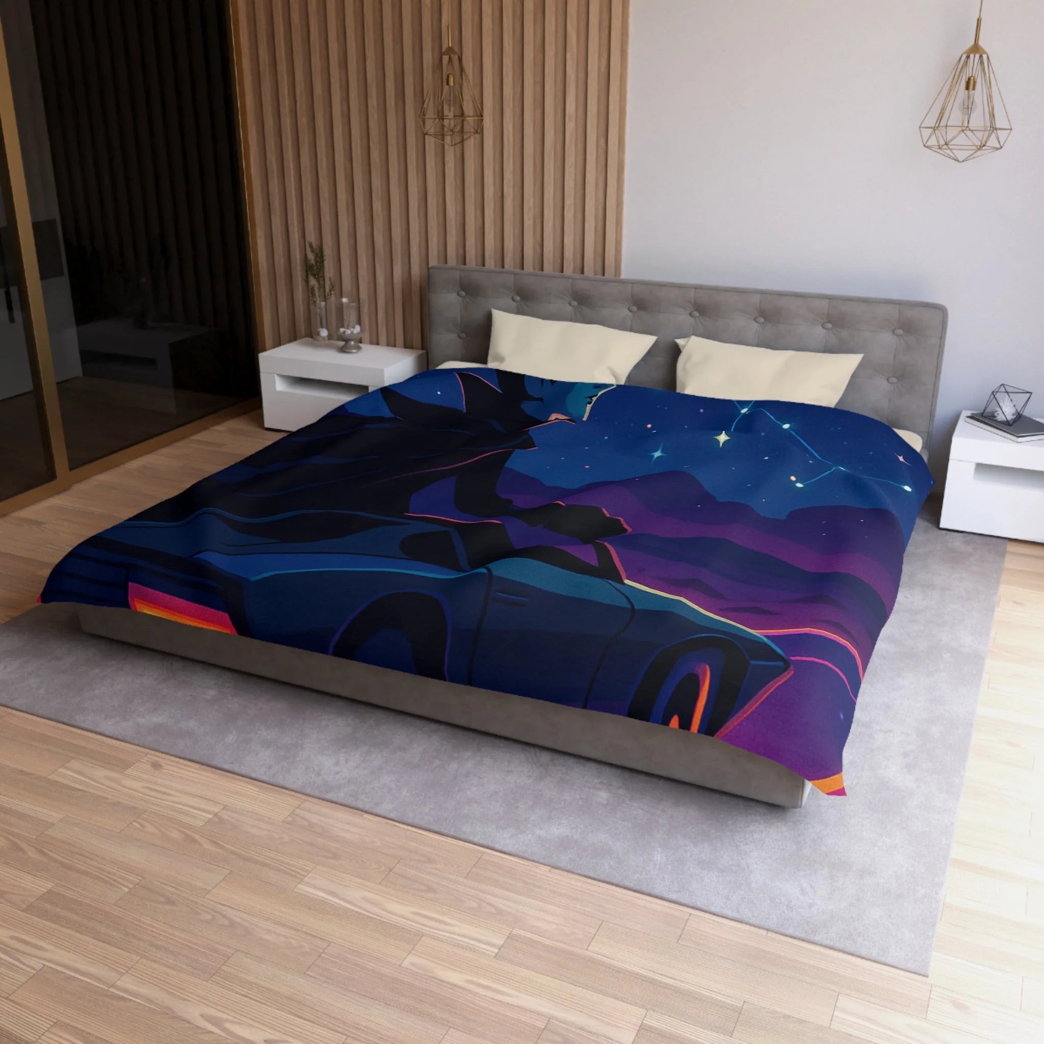 Housse de couette rétro avec constellations et voiture sous ciel étoilé et planète