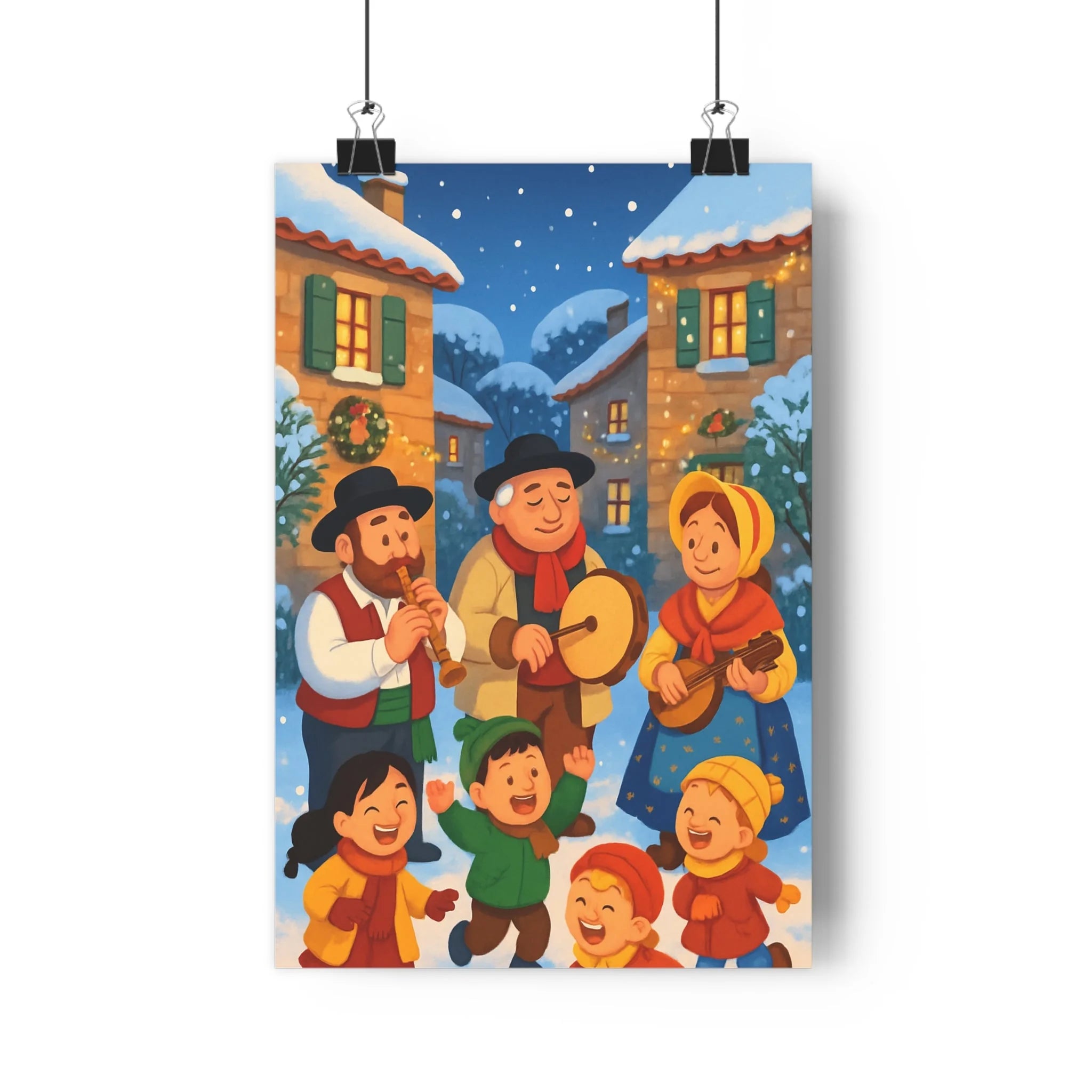 Poster décoratif cartoon joyeux village hiver couleurs chaudes maison enfant musique traditionnel ambiance intérieur