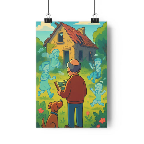 Poster illustré homme âge livre jardin fleuri maison jaune toit rouge figures flottantes bleu arbres fleurs colorées couleurs vives ambiance