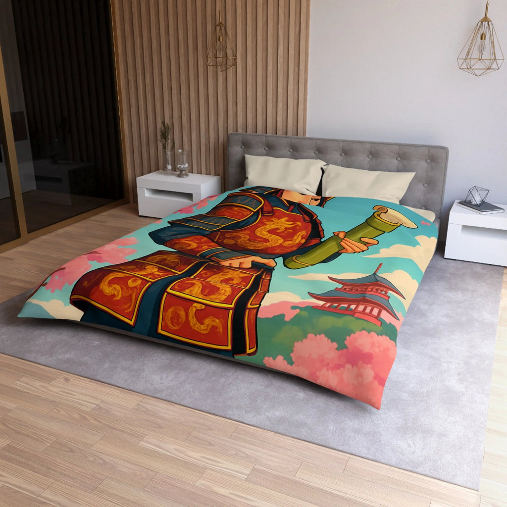 Housse de Couette Samouraï Japonais avec Armure Traditionnelle et Cerisiers en Fleurs