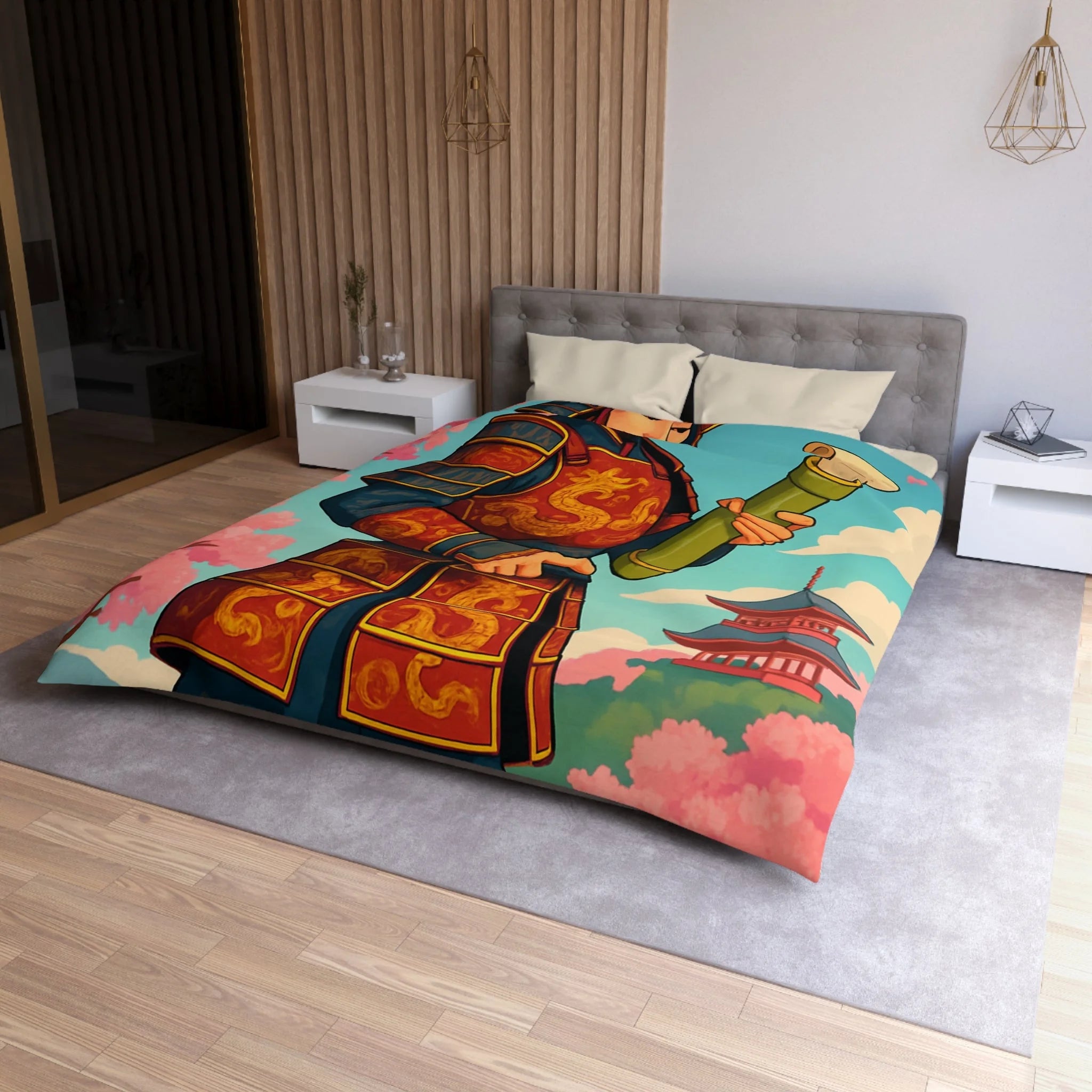 Housse de Couette Samouraï Japonais avec Armure Traditionnelle et Cerisiers en Fleurs