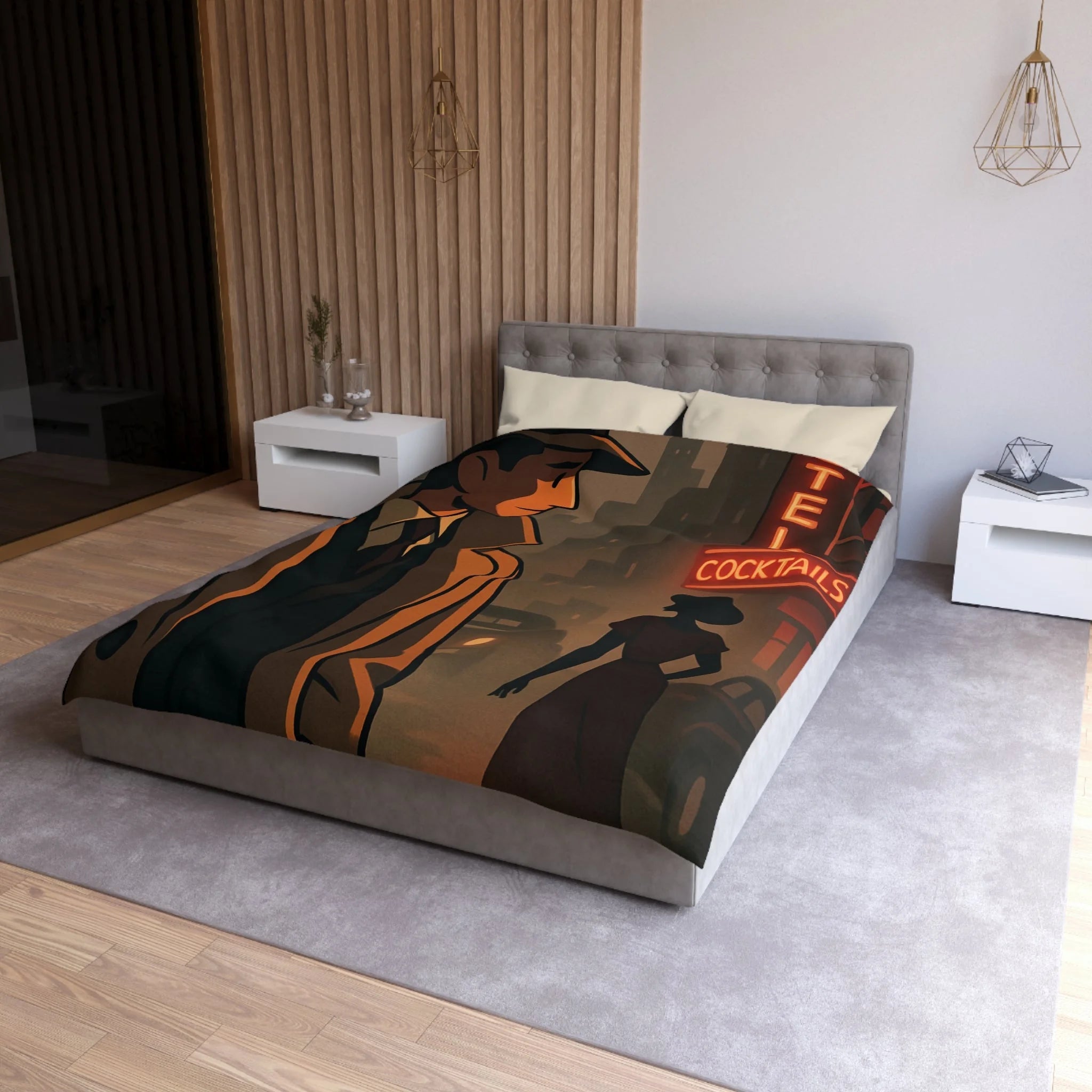 Housse de Couette Noir et Rouge, Design Rétro Vintage, Atmosphère de Film Noir
