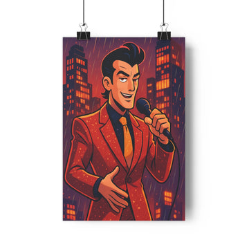 Poster moderne costume rouge microphone ville nocturne gratteciel lumineux ambiance festive profondeur graphique élégant salon chambre