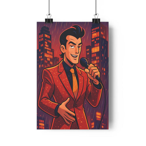 Poster moderne costume rouge microphone ville nocturne gratteciel lumineux ambiance festive profondeur graphique élégant salon chambre