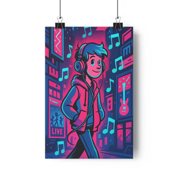 Poster homme écouteurs veste bleue rose ville buildings notes musicales ambiance festive moderne dynamique joyeuse chambre salon