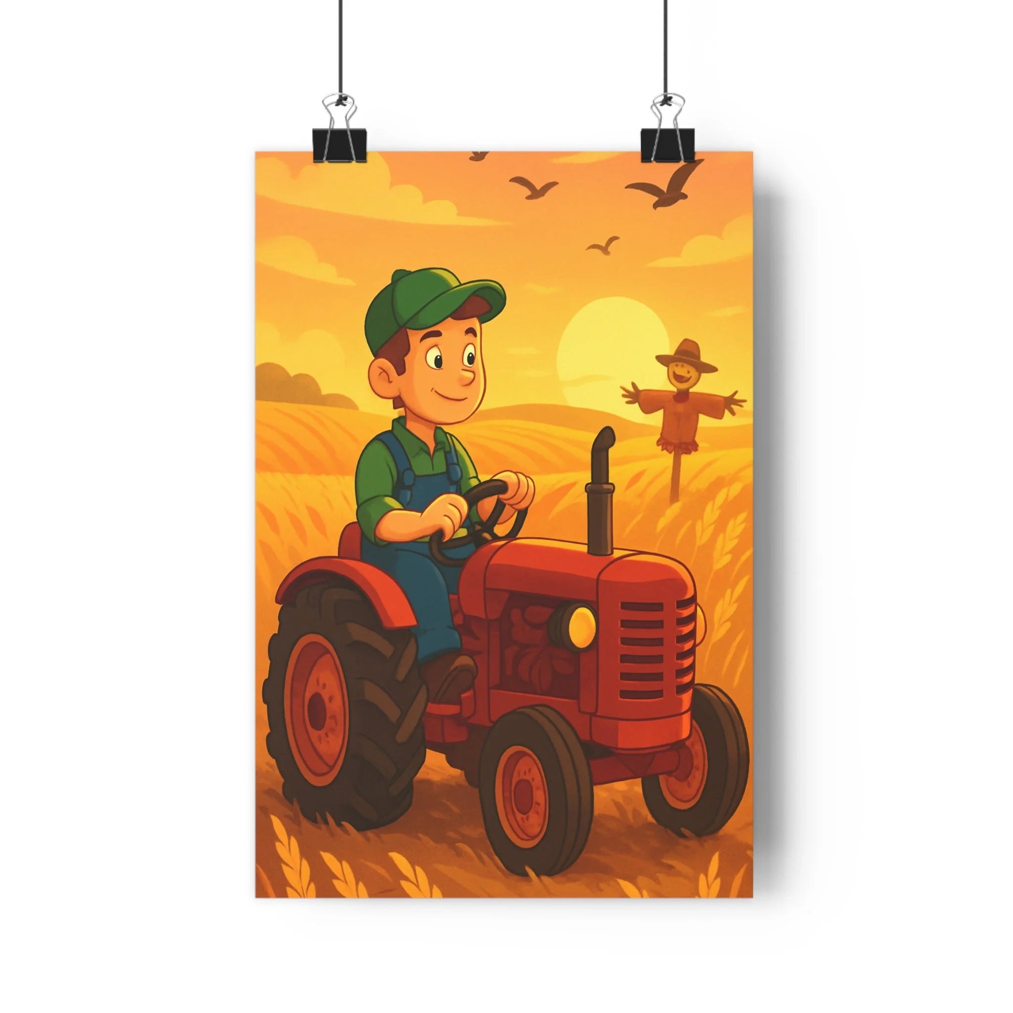 Poster décoratif agricole rouge jaune cartoon joyeux enfant chambre lumineux chaleureux nature campagne tracteur