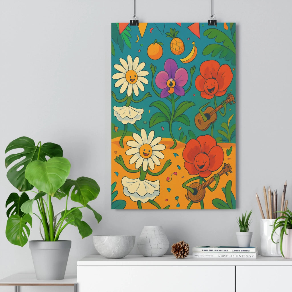 Poster fleurs animées guitare danse fruits confettis sol orange ciel bleu feuilles vertes ambiance festive cartoon colorful simple détails