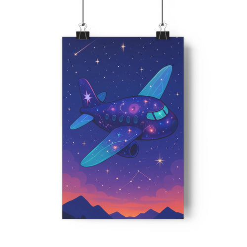 Poster scifi avion étoiles nuit montagnes nuages rose violet ambiance douce fantaisie enfantine contours nets détails minimalistes chambre salon