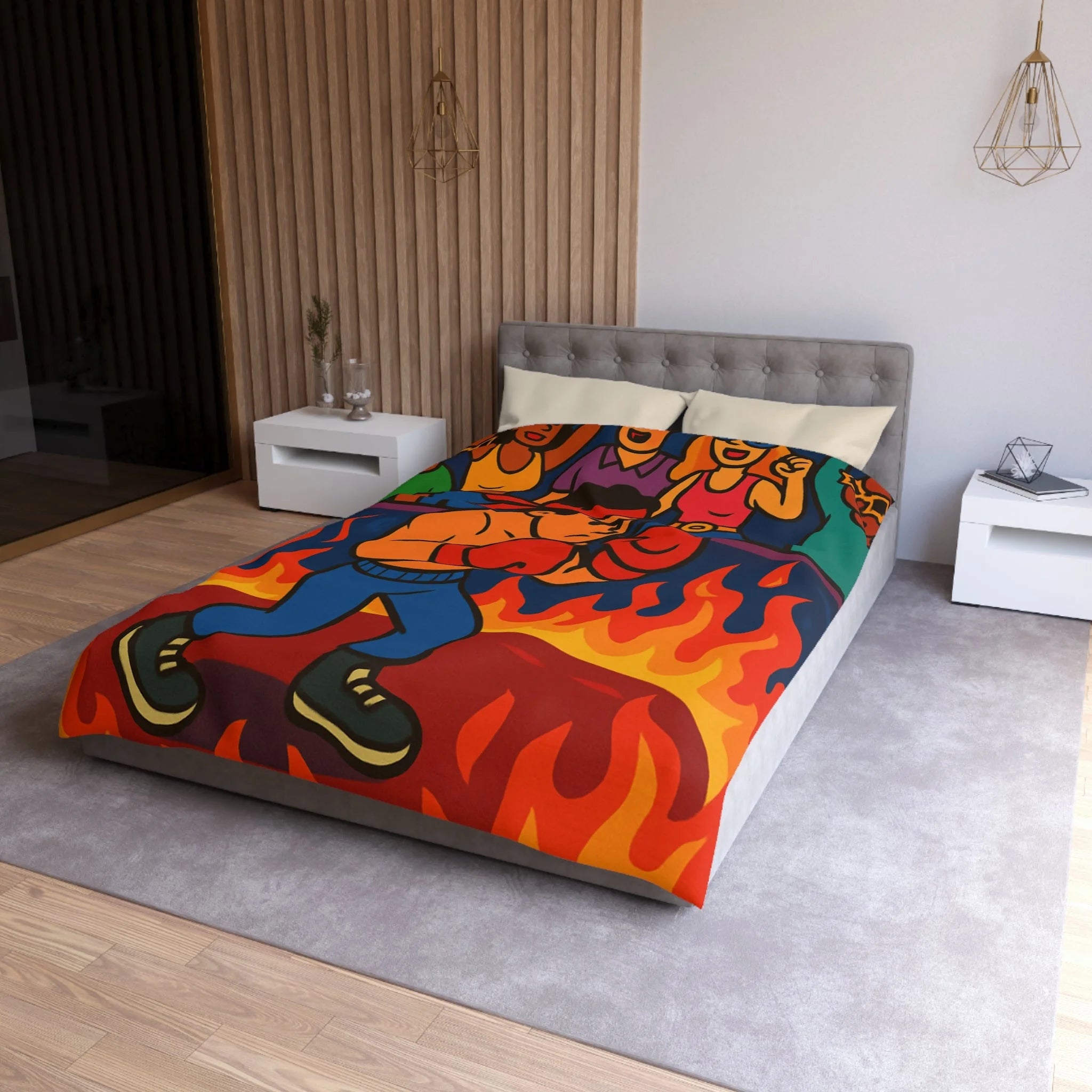 Housse de couette originale avec boxeur entouré de flammes et foule colorée