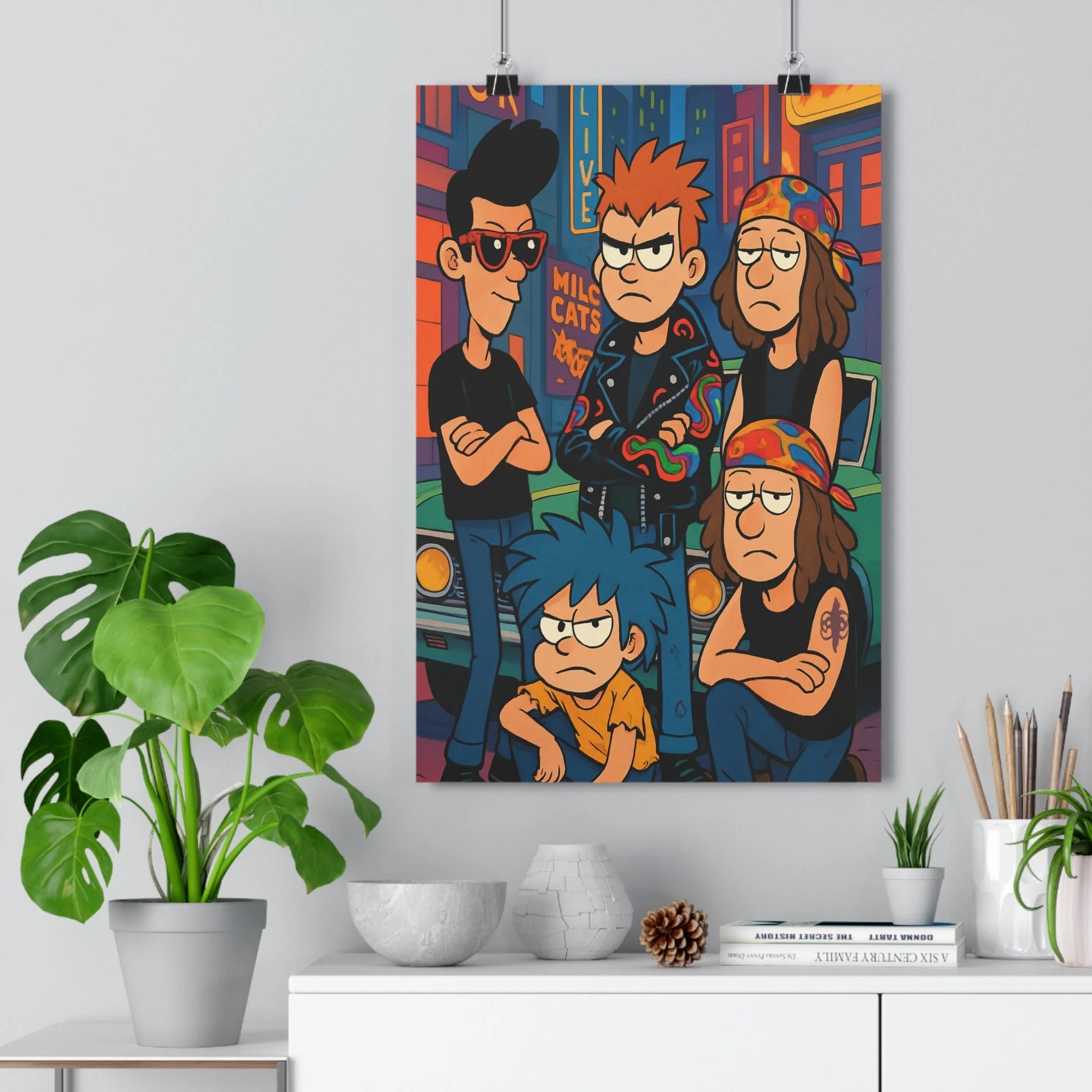 Poster décoratif rock années 80 vintage urbain coloré salon chambre bandanas cuir animé personnages