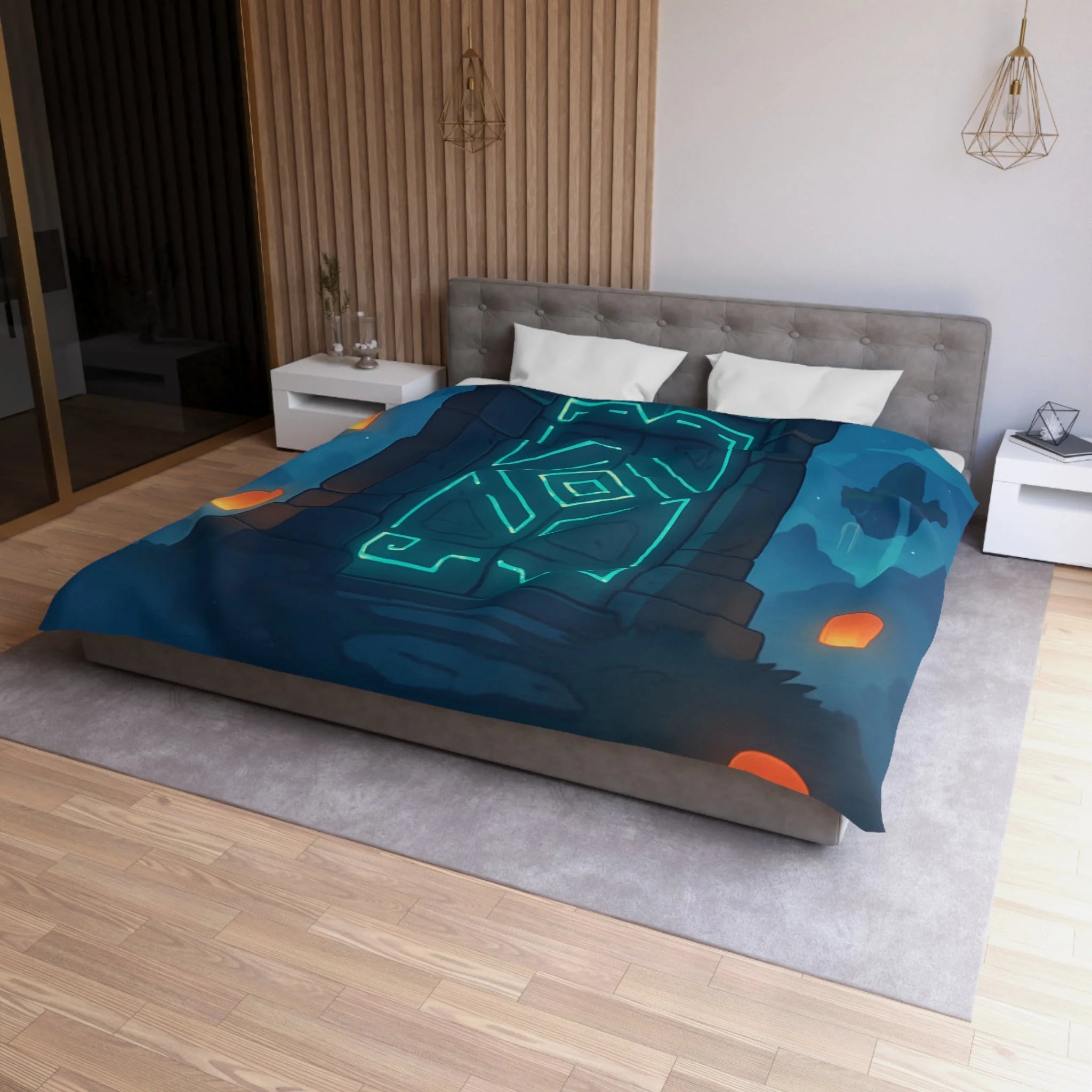 Housse de couette mystérieuse avec portail magique et lanternes flottantes sous ciel étoilé