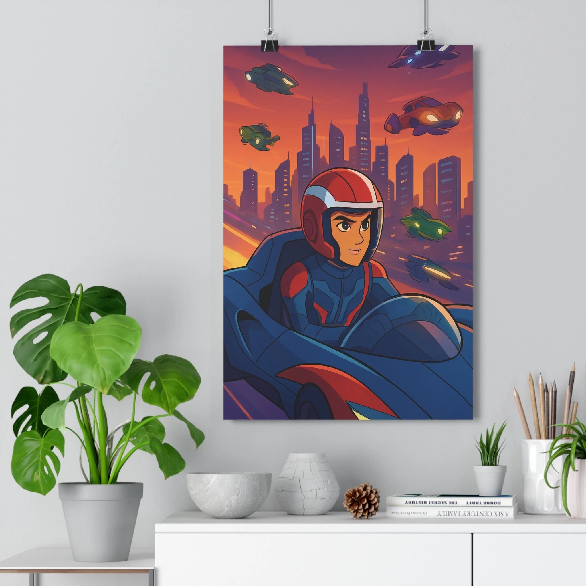 Poster décoratif animé voiture volant bleu rouge futuriste énergique chambre aventure moderne enfant garçon