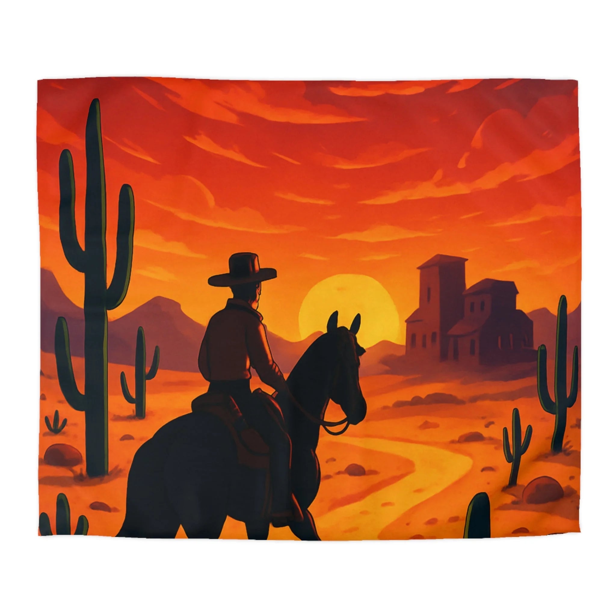 Housse de Couette Stylée Désert Crépusculaire avec Cowboy et Cactus Silhouettes