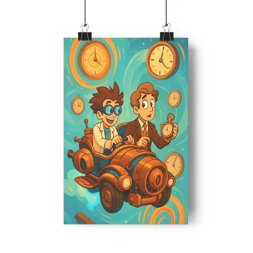Poster steampunk voyage horloges bleu vert jaune personnages costumés voiture volante lunettes ambiance dynamique légèrement fantastique chambre bureau