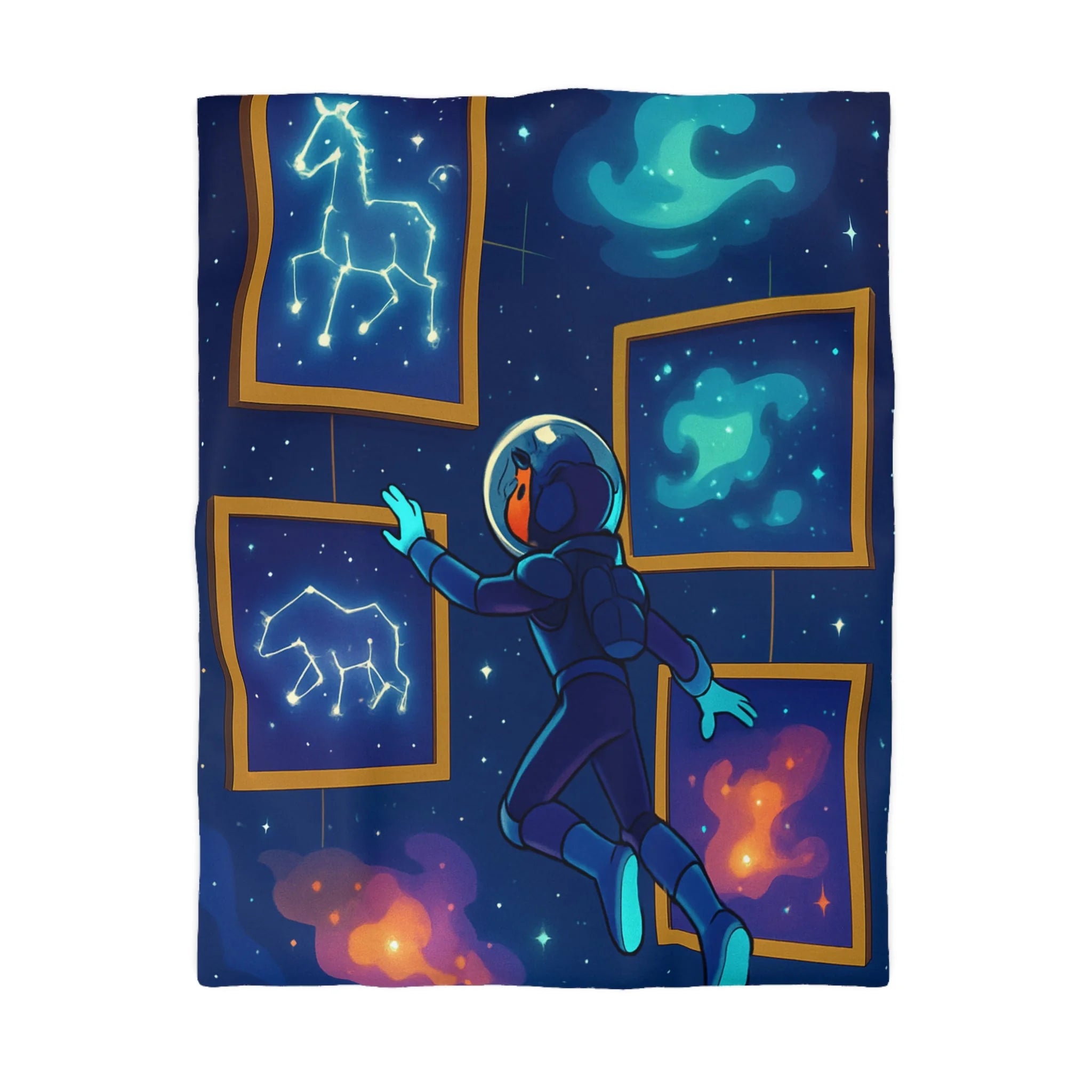 Housse de couette spatiale avec constellations lumineuses et astronaute explorant des galaxies mystérieuses