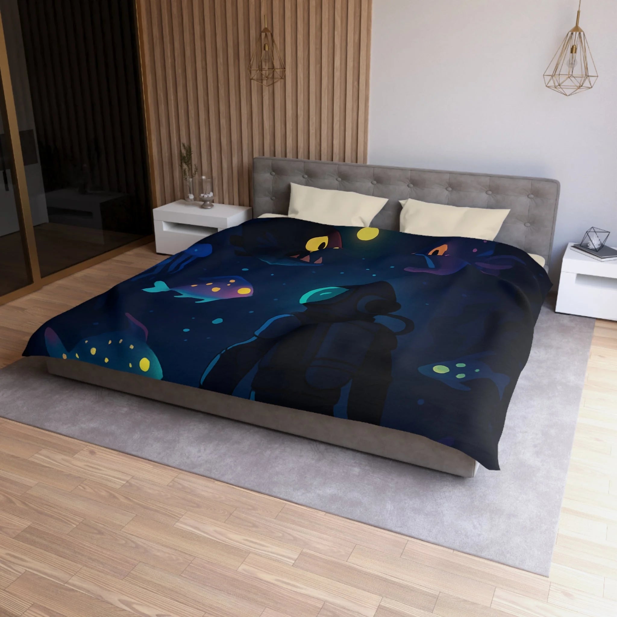Housse de couette océanique avec plongeur et créatures marines lumineuses mystérieuses