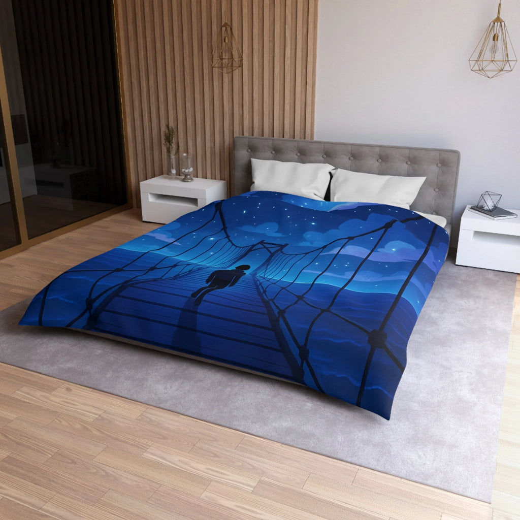 Housse de couette pont étoilé avec silhouette sous ciel nocturne bleu profond