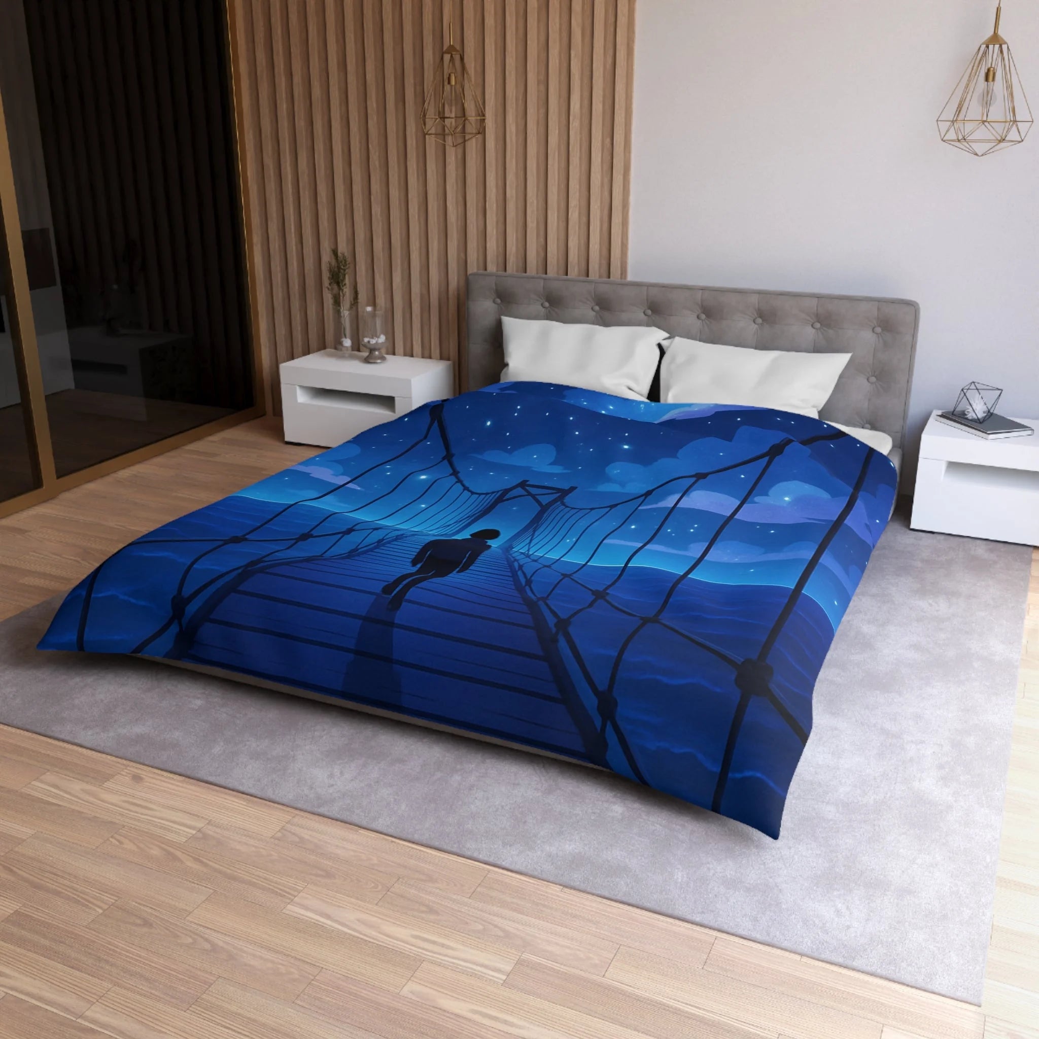 Housse de couette pont étoilé avec silhouette sous ciel nocturne bleu profond