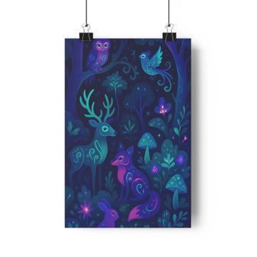 Poster nocturne foret bleu violet animaux champignons lumineux végétaux stylisés ambiance enchantée style moderne fluidité organique chambre enfant salon