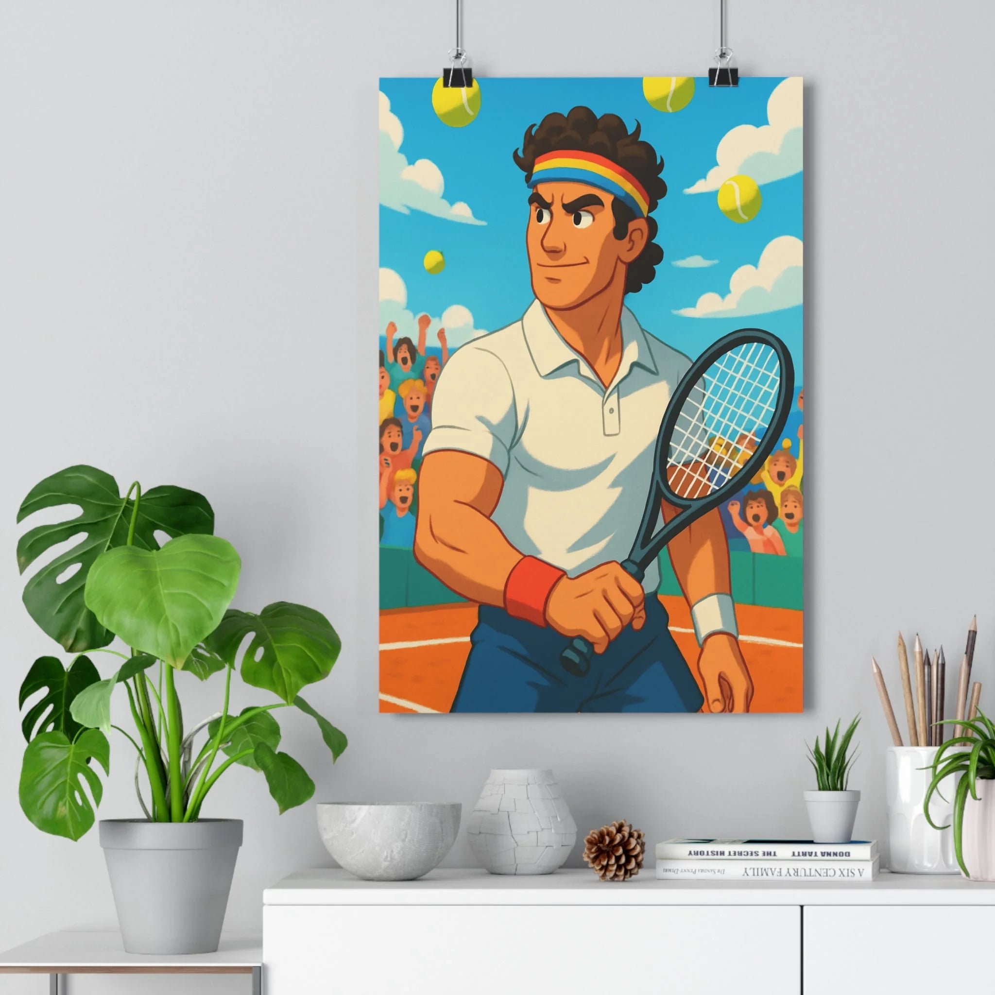 Poster décoratif cartoon bleu vif joueur tennis dynamique sport salon chambre enfant vibrant qualité