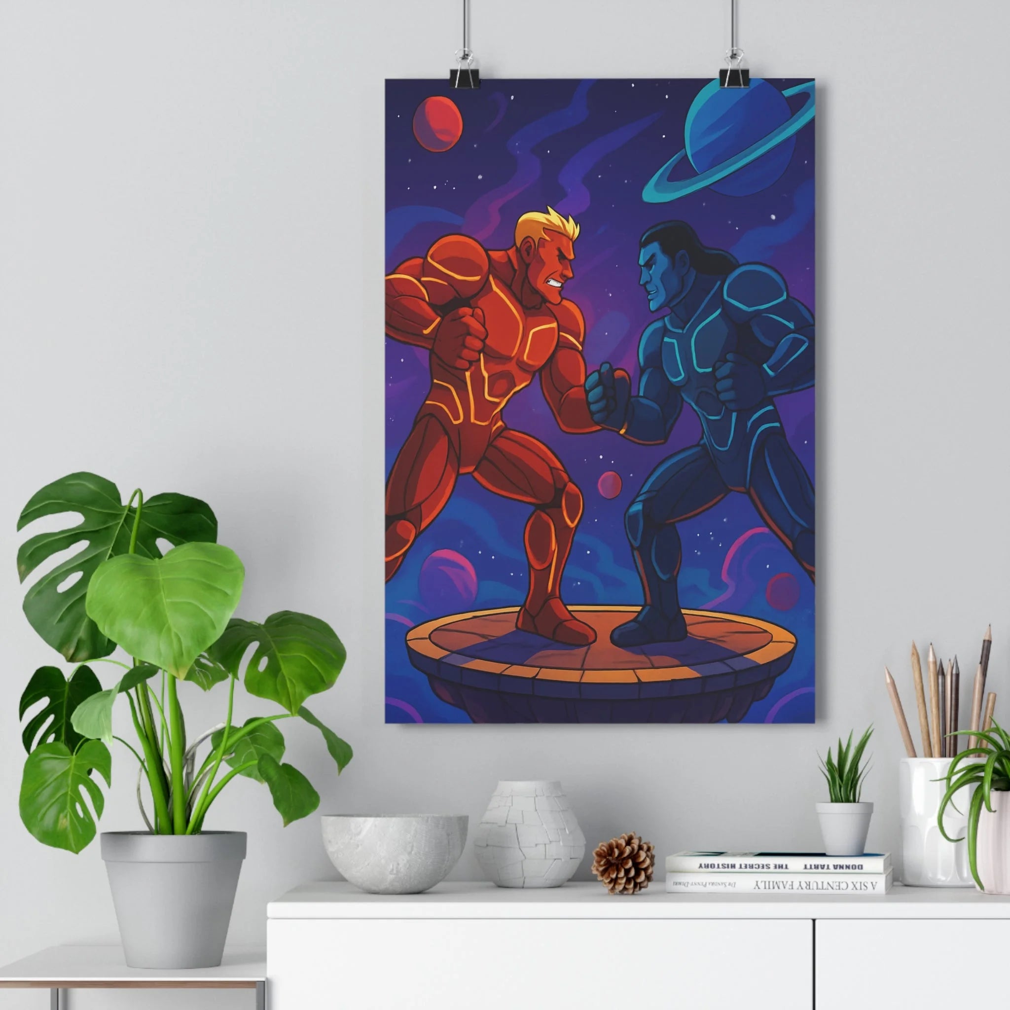 Poster décoratif combattants rouge bleu cartoon cosmique futuriste dynamique aventure salle jeux enfants qualité