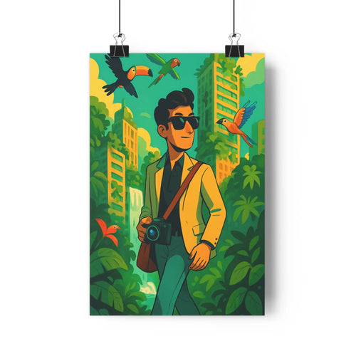 Poster moderne safari homme lunettes soleil blazer caméra jungle plantes vertes toucans rouges bleus vibrant détails précieux élégant vivace nature