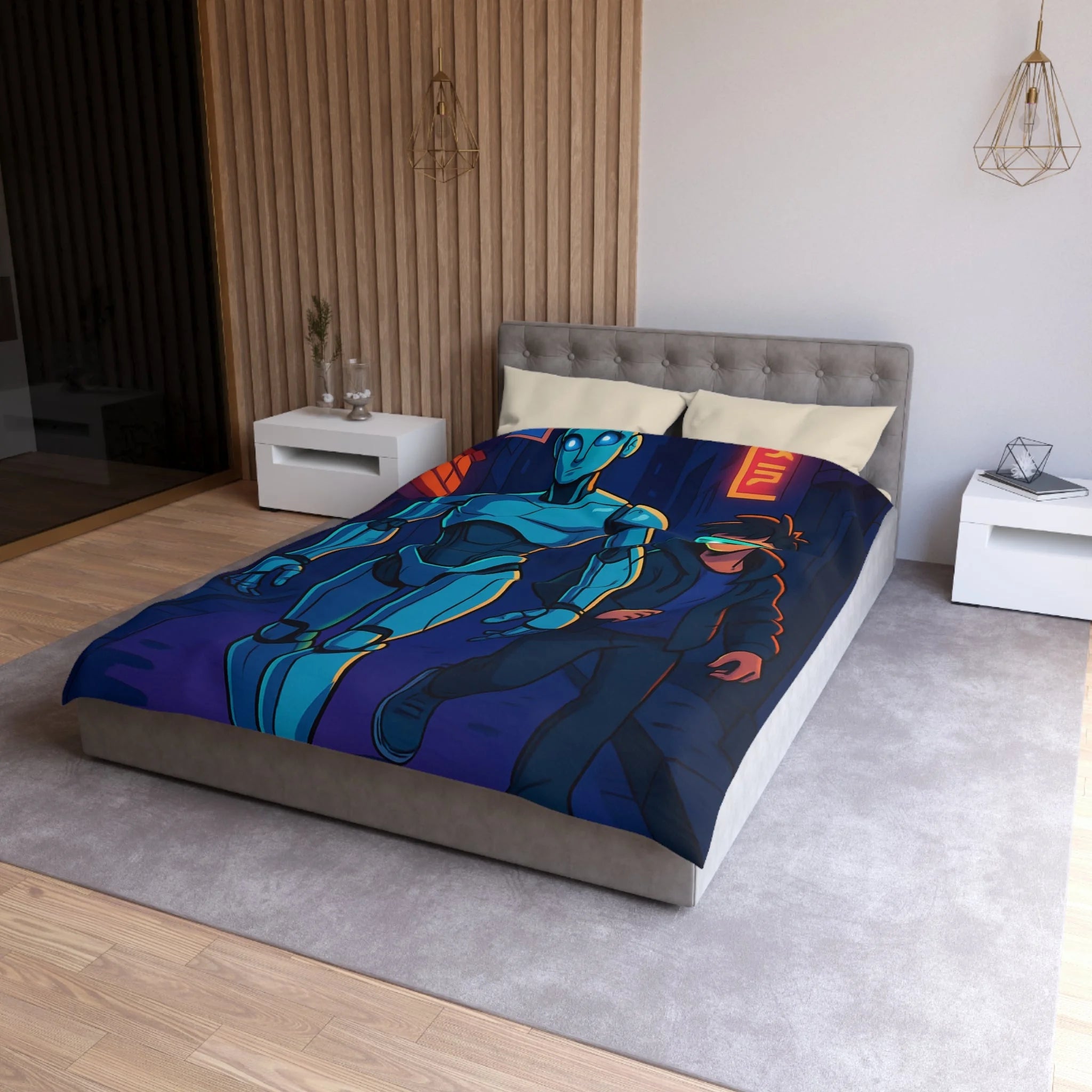 Housse de couette moderne avec illustration néon de robot et jeune avec lunettes lumineuses