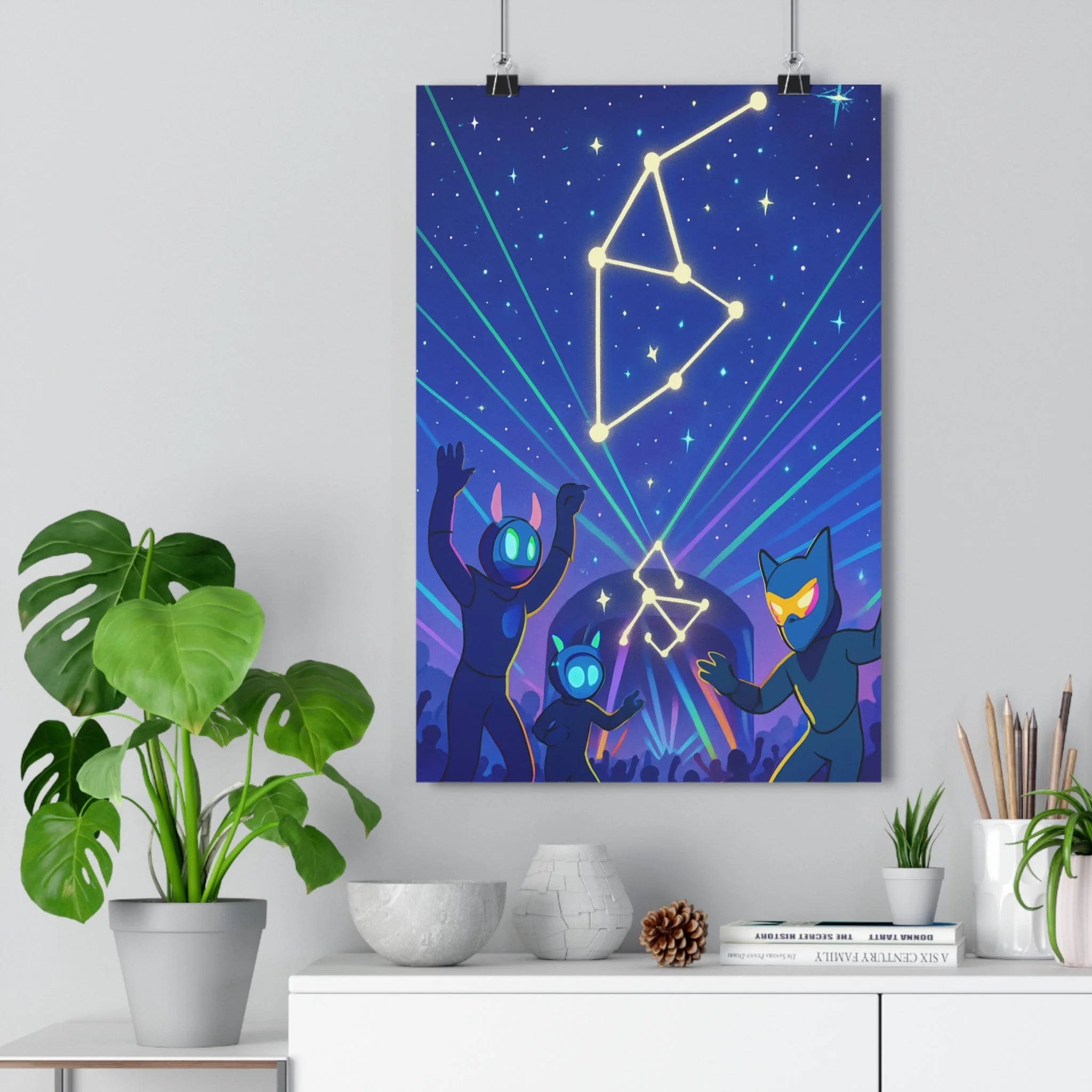 Poster décoratif futuriste bleu violet jaune animation joyeux créatif chambre sciencefiction festival personnages constellations