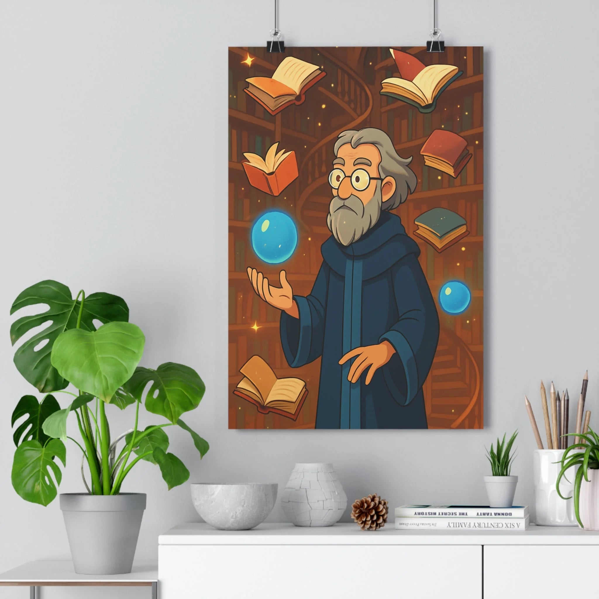 Poster décoratif bleu cartoon académique mystique bibliothèque magie chambre bureau orbes lumineuses ambiance fantastique