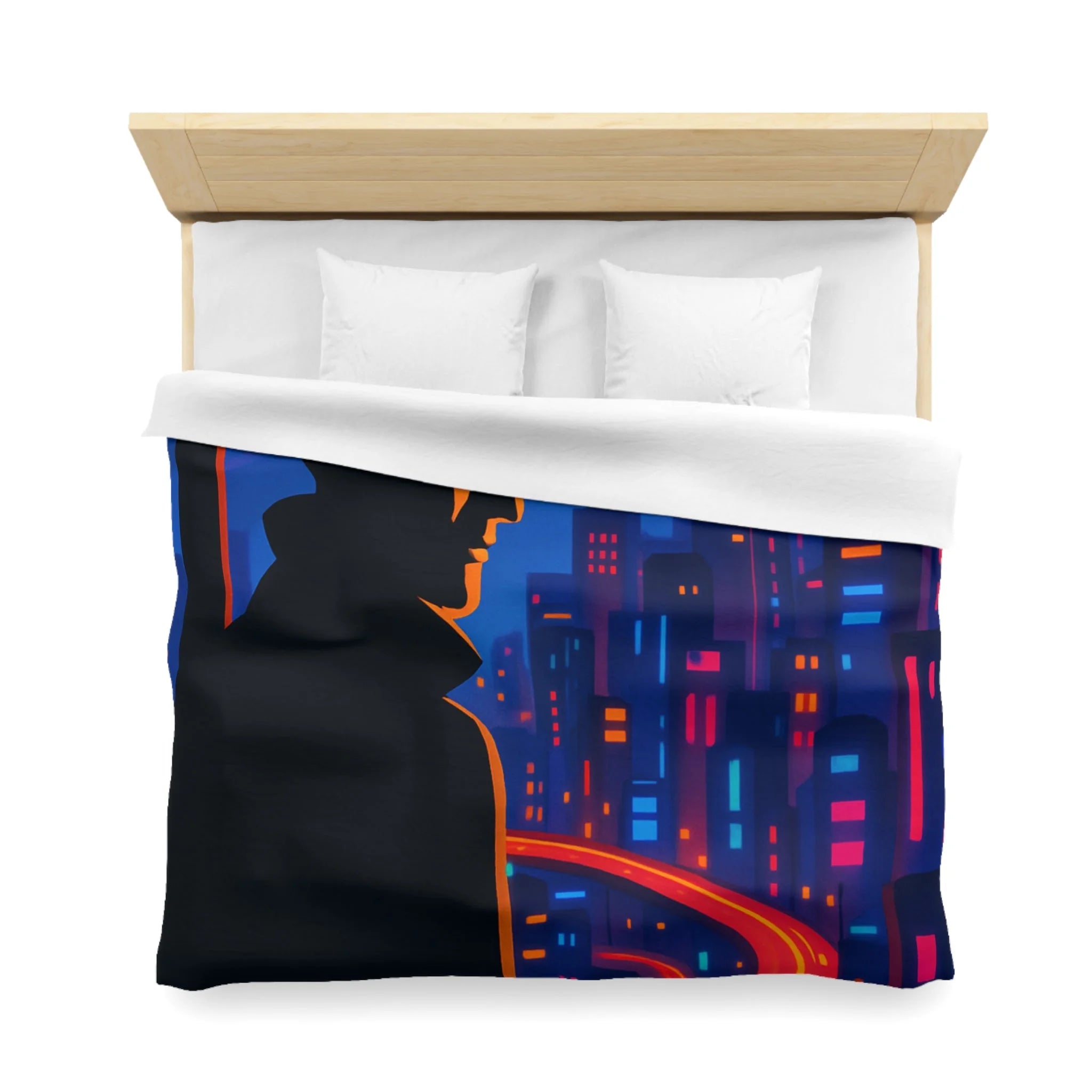 Housse de couette rétro mystérieuse avec silhouette urbaine nocturne et routes lumineuses