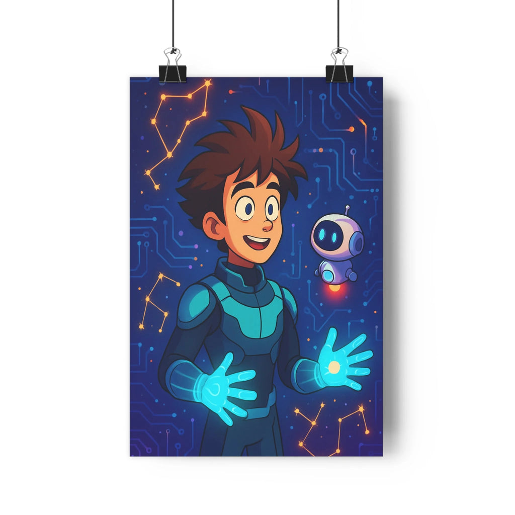 Poster décoratif futuriste bleu orange héros circuits modernes enfant chambre bureau dynamique 30x46 qualité