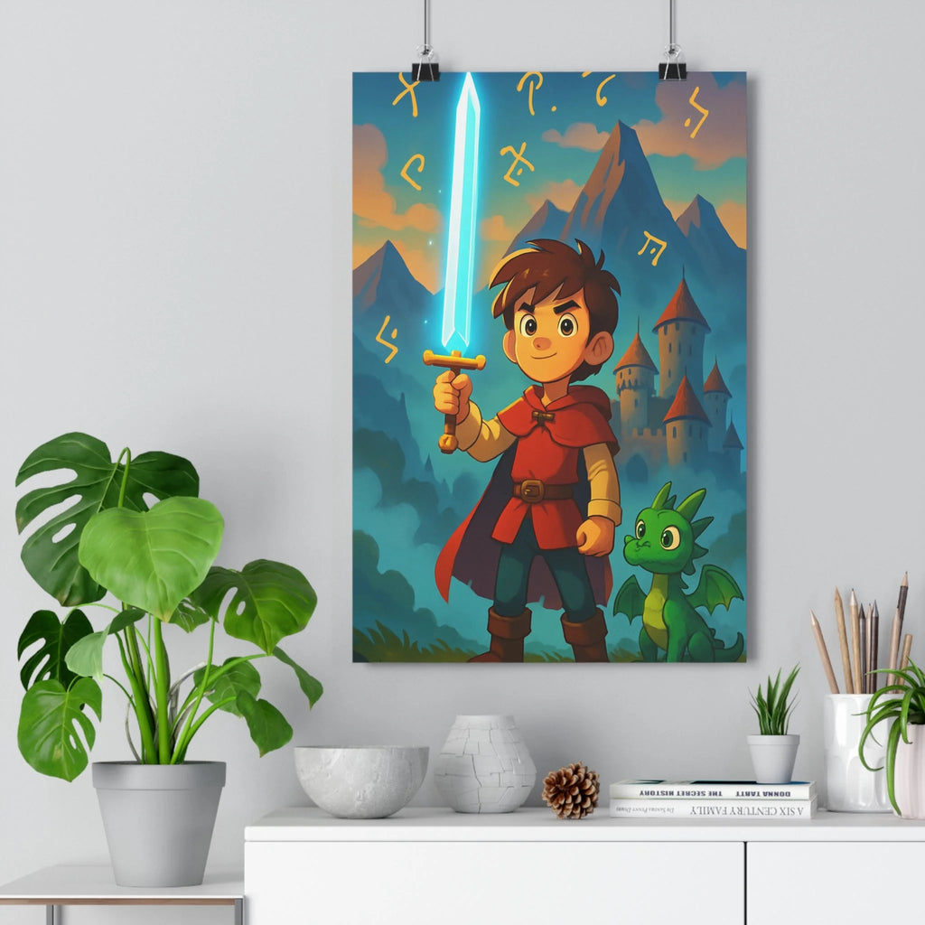 Poster décoratif enfant héros épée lumineuse dragon vert château médiéval animé fantastique chambre aventure