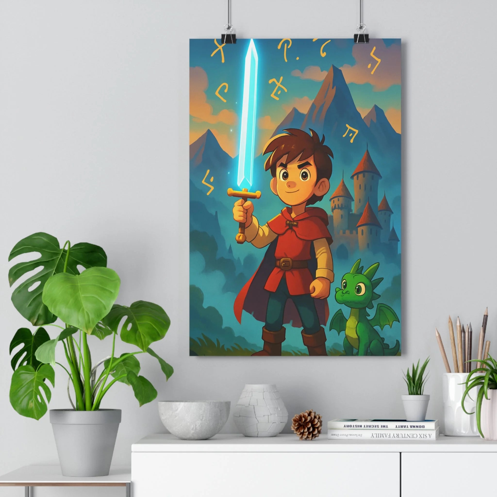 Poster décoratif enfant héros épée lumineuse dragon vert château médiéval animé fantastique chambre aventure