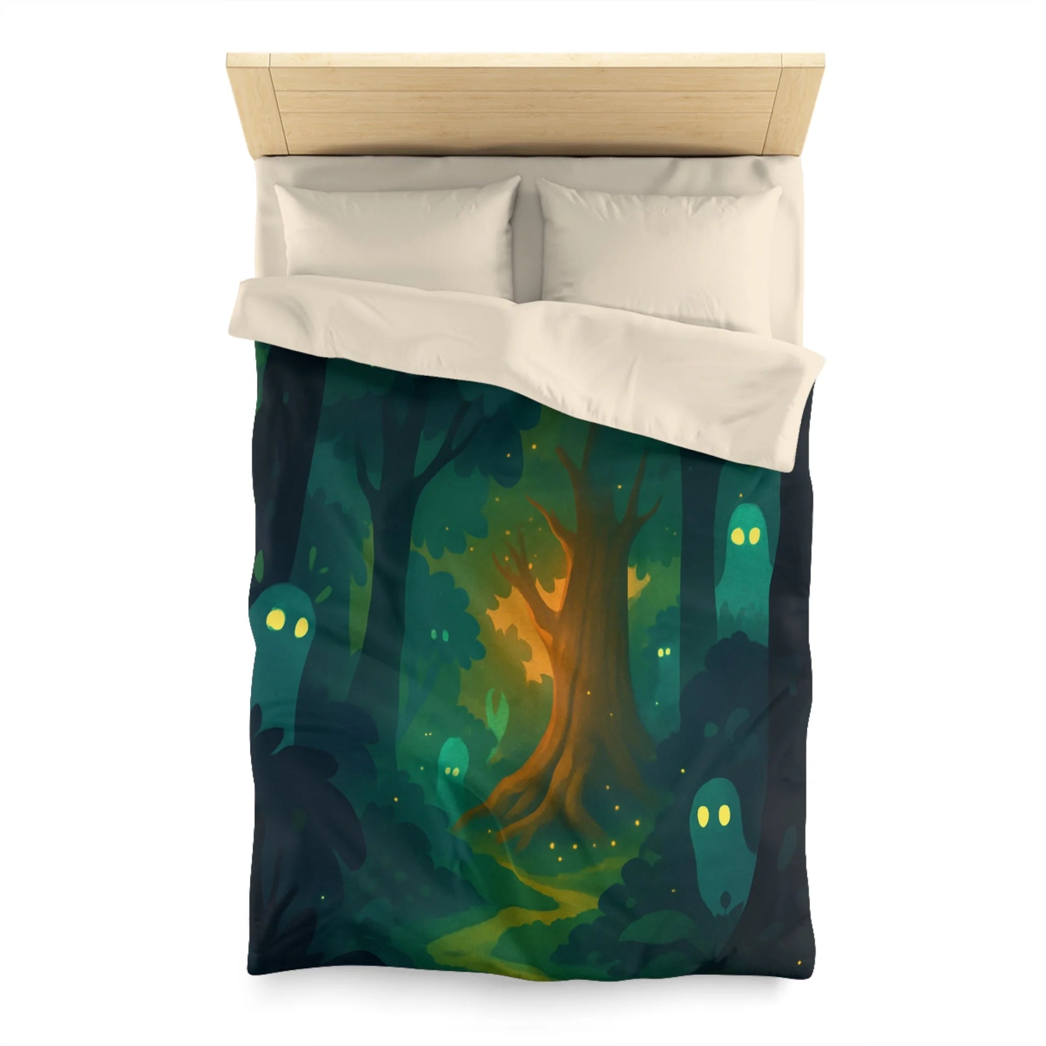 Housse de couette mystérieuse forêt enchantée avec esprits lumineux et sentier sinueux