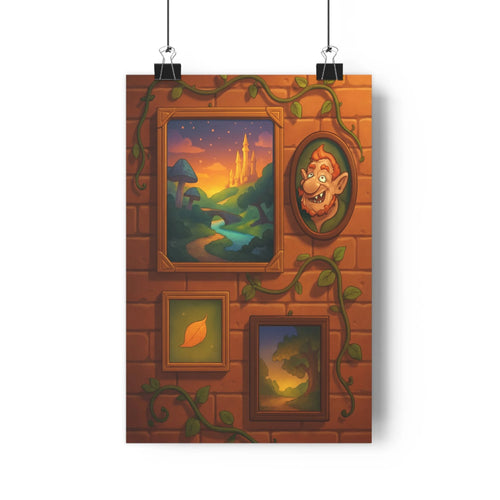 Poster mystique mur ancien château lumineux rivière champ lutin oreilles pointues cadres feuilles lianes vertes bleus rouges ambiance féerique déco