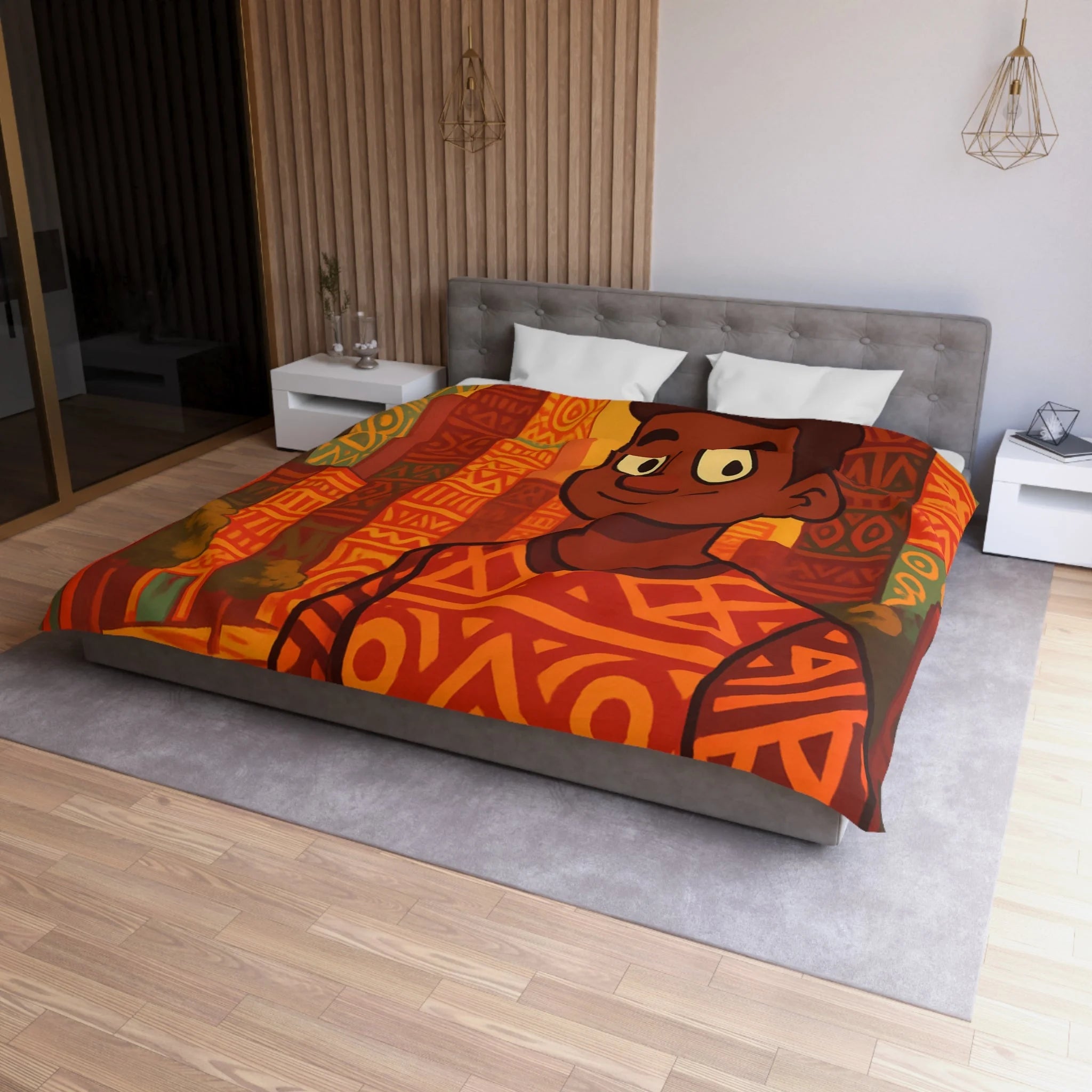 Housse de Couette Personnage Souriant avec Motifs Géométriques et Gratte-Ciel Colorés