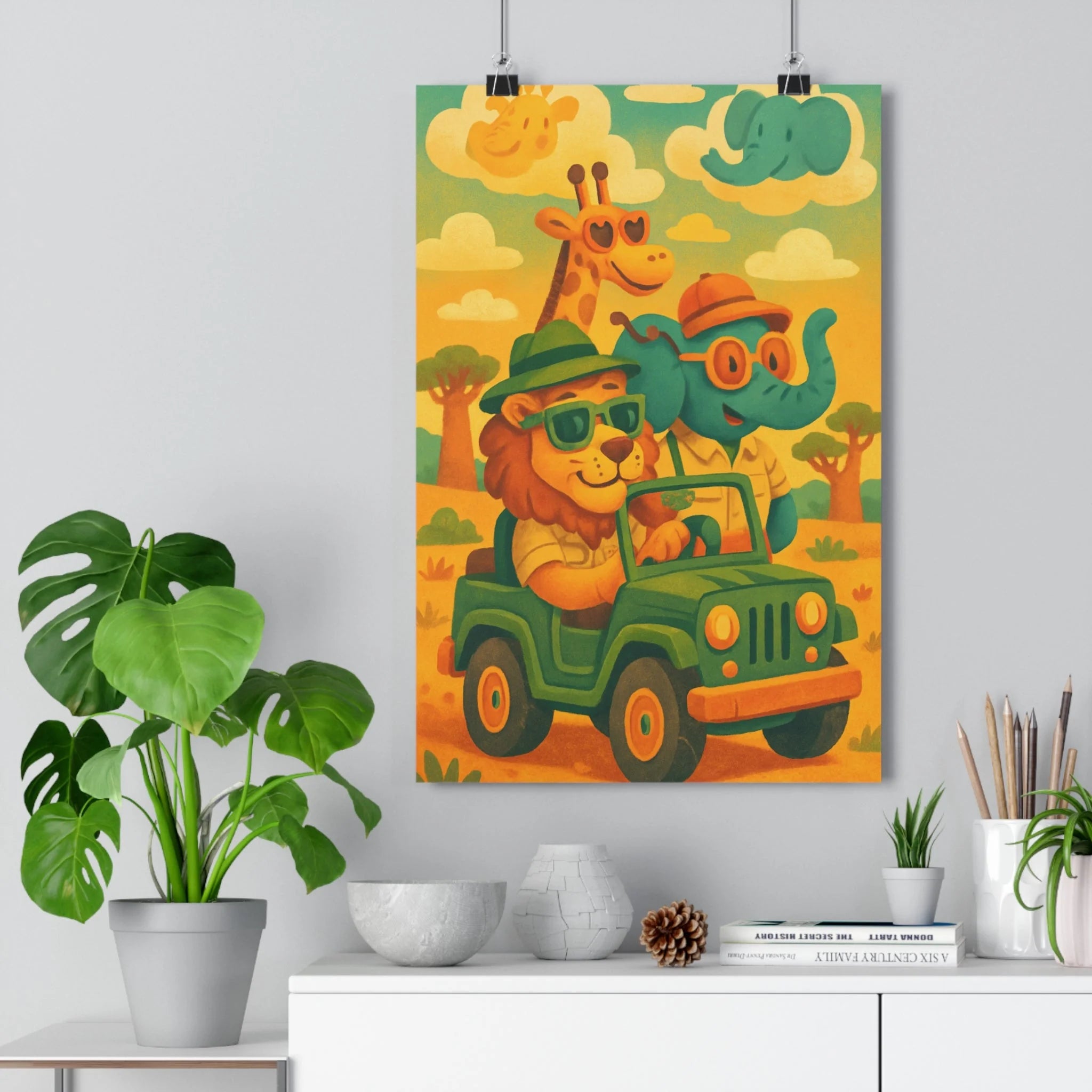Poster décoratif coloré cartoon joyeux enfant chambre lion girafe éléphant jaune orange vert 30x46