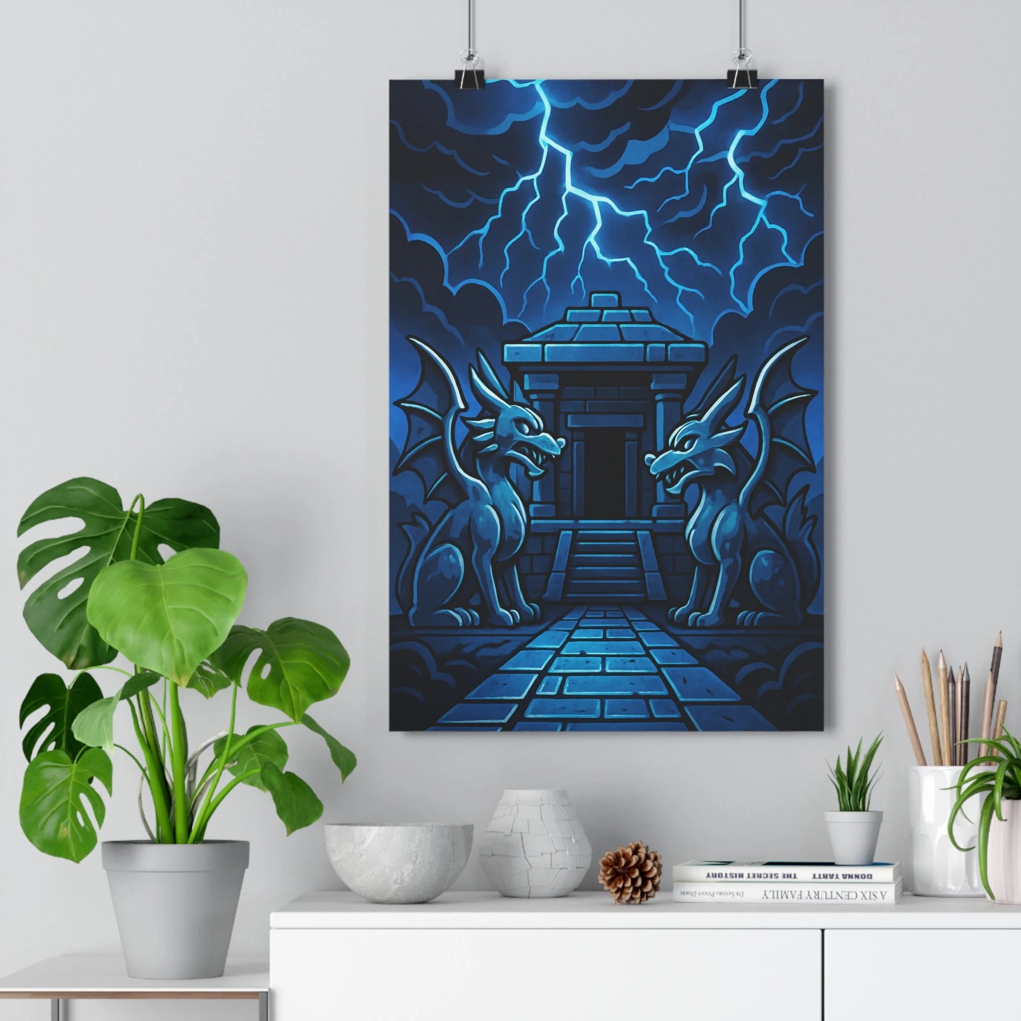 Poster décoratif temple mystique bleu fantastique foudre nuages dragons salon bureau 30x46 cm qualité